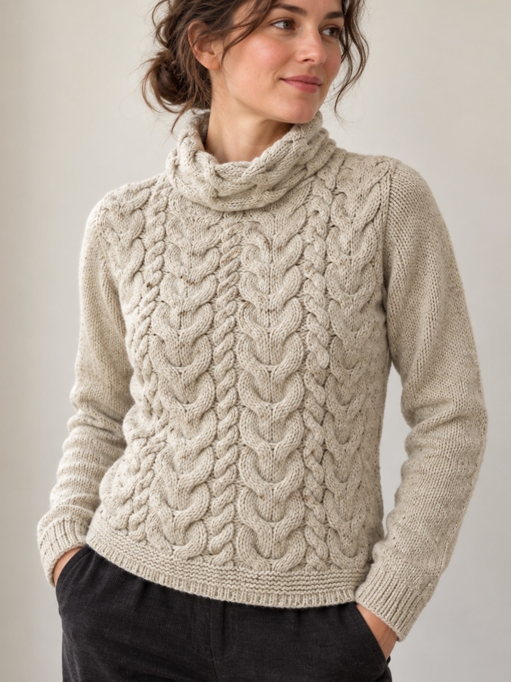 IrelandsEye Wool Cashmere Cable Knit Turtleneck Sweater Oatmeal Small